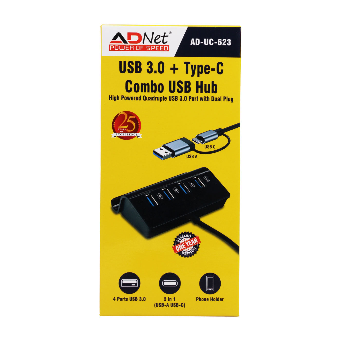 Ad Net AD-UC-623 USB 3.0 + Type-C Combo USB Hub 4 Port with Phone Holder & Dual Plug