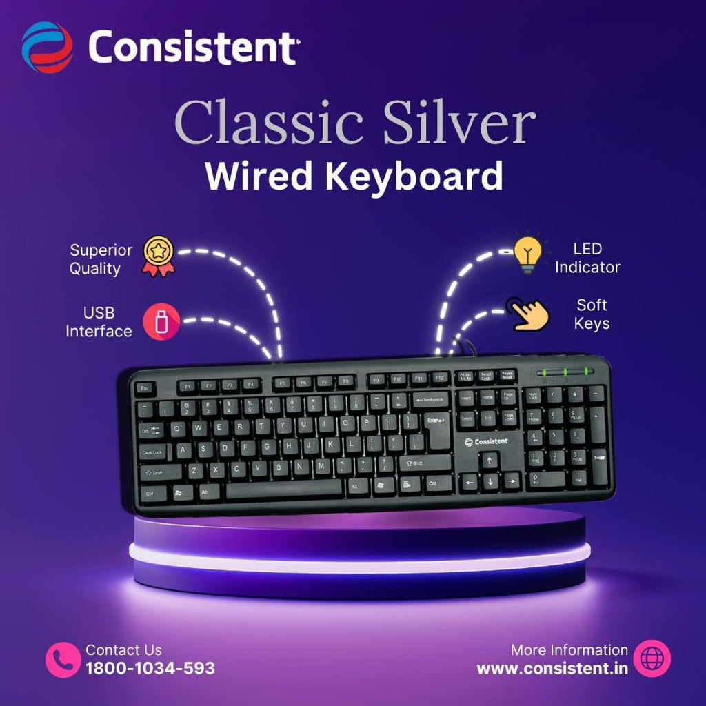 Consistent Classic Silver Wired USB Keyboard – UV Coated Keys | Silent & Spill-Resistant