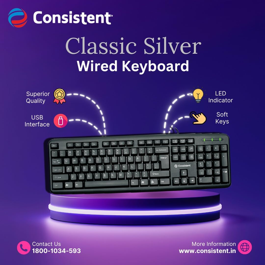 Consistent Classic Silver Wired USB Keyboard – UV Coated Keys | Silent & Spill-Resistant