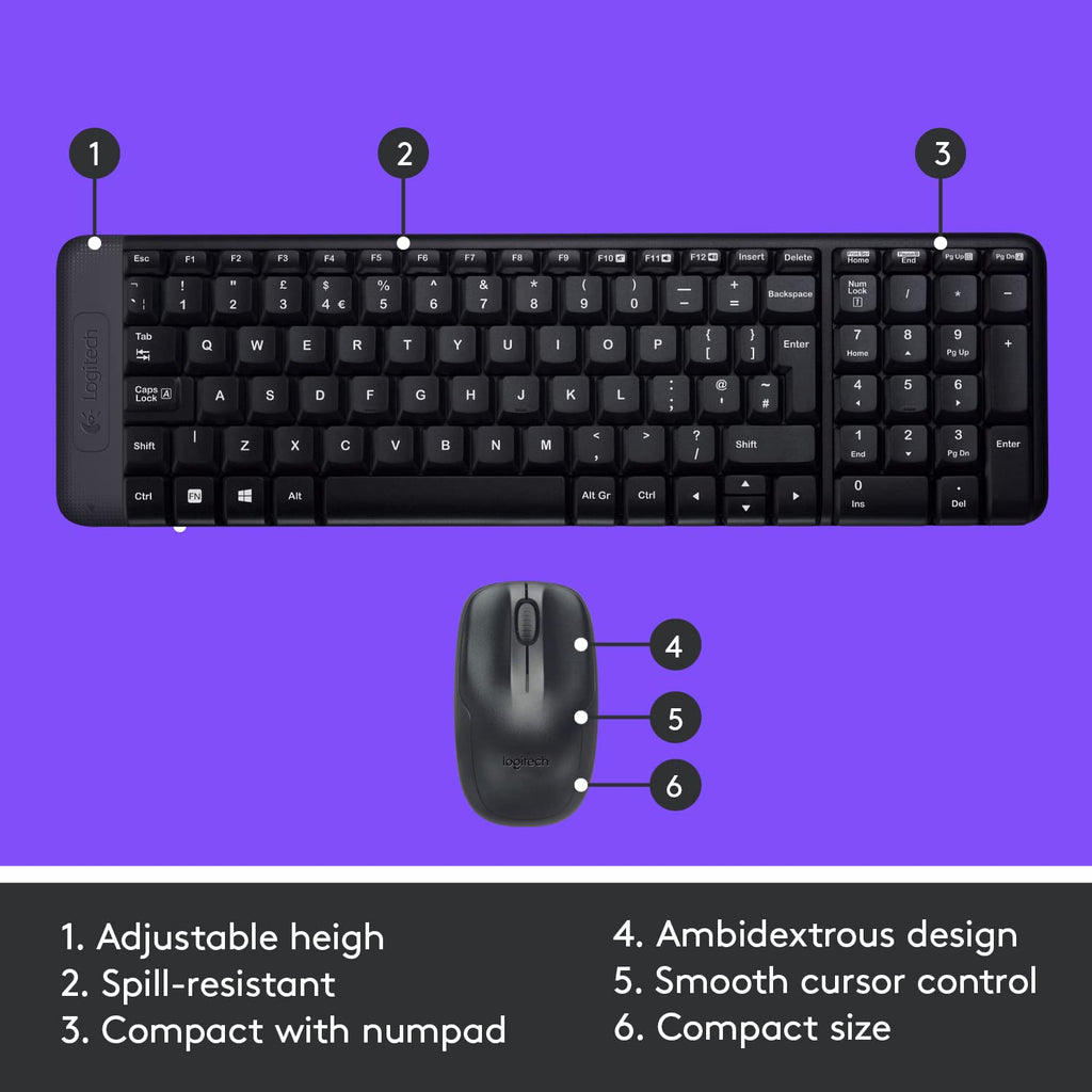 Logitech MK220 Wireless Keyboard & Mouse Combo – Spill Resistant | 24M Battery | Compact with Numpad