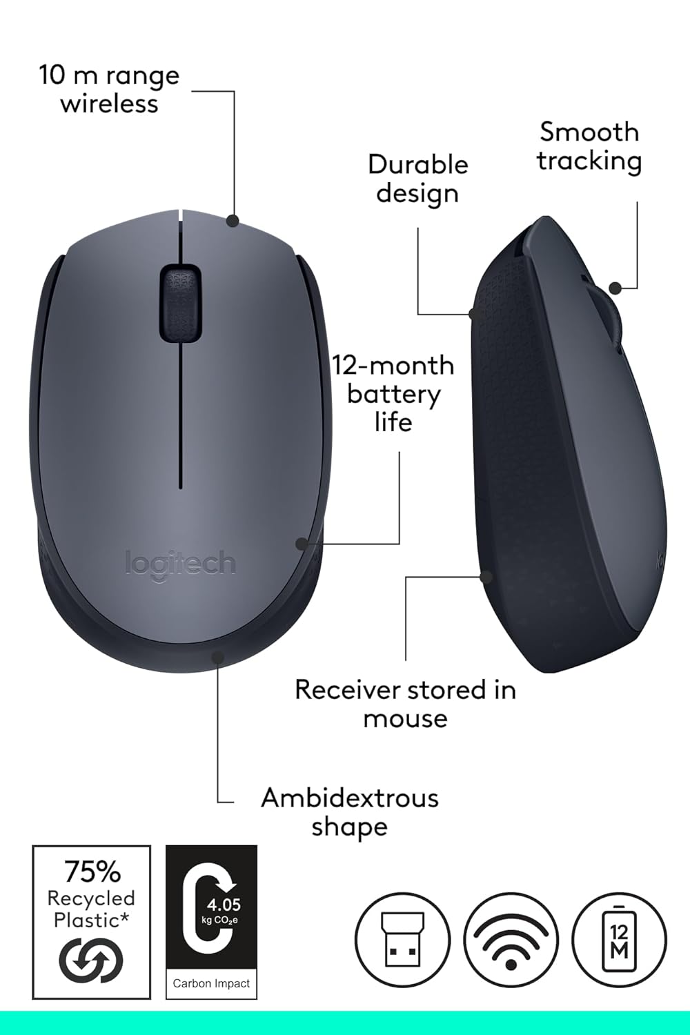Logitech M170 Wireless Mouse – Ambidextrous | 12-Month Battery | Grey