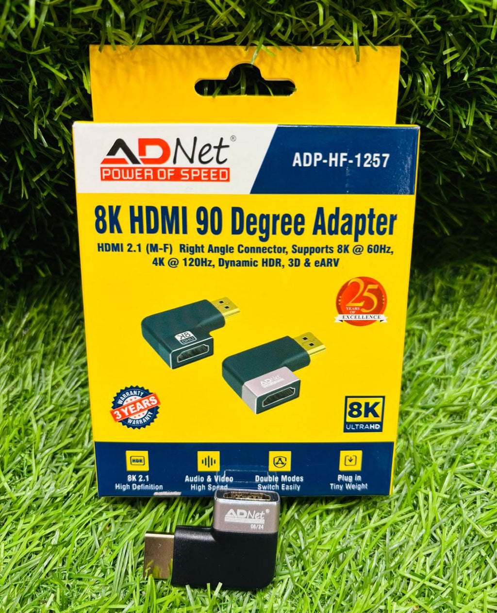 ADNet ADP-HF-1257 8K Ultra HD HDMI 2.1 Right Angle (90 Degree) Adapter (Male to Female) - Supports 8K@60Hz, 4K@120Hz, Dynamic HDR, 3D, eARC, Small & Lightweight, 3 Years Warranty (Black)