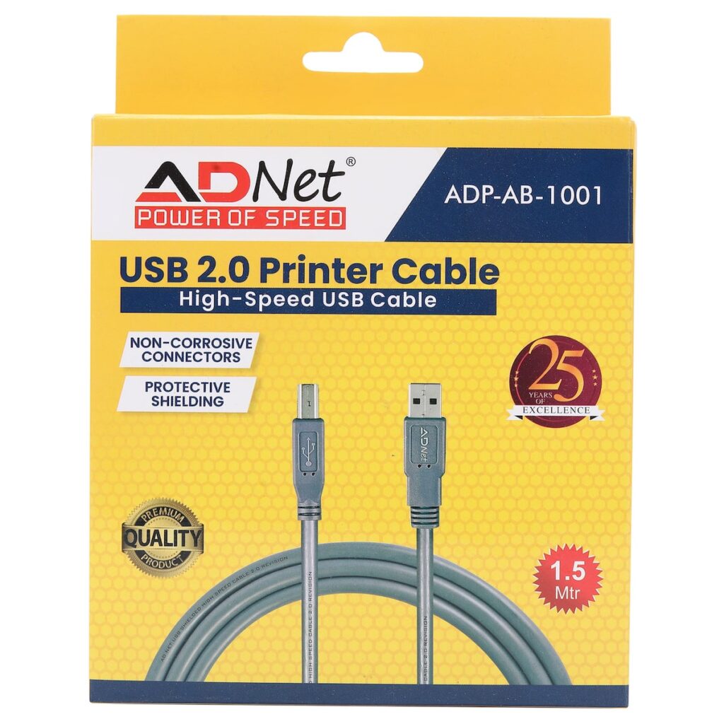 ADNet USB 2.0 Printer Cable (1.5 Meter) ADP-AB-1001 | High-Speed USB A-Male to B-Male Data Cable with Ferrite Core Shielding | Grey Premium Wire for HP, Canon, Epson, Brother Printers & Scanners