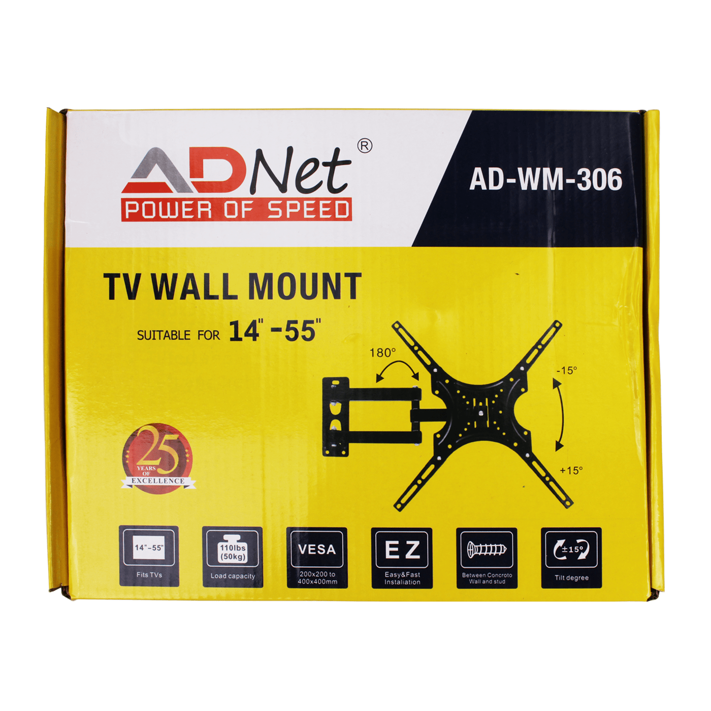 Ad Net AD-WM-306 Full Motion TV Wall Mount 14 to 55 Inch 180° Swivel Tilt Bracket