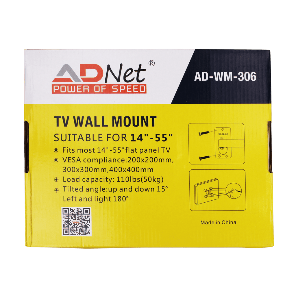 Ad Net AD-WM-306 Full Motion TV Wall Mount 14 to 55 Inch 180° Swivel Tilt Bracket