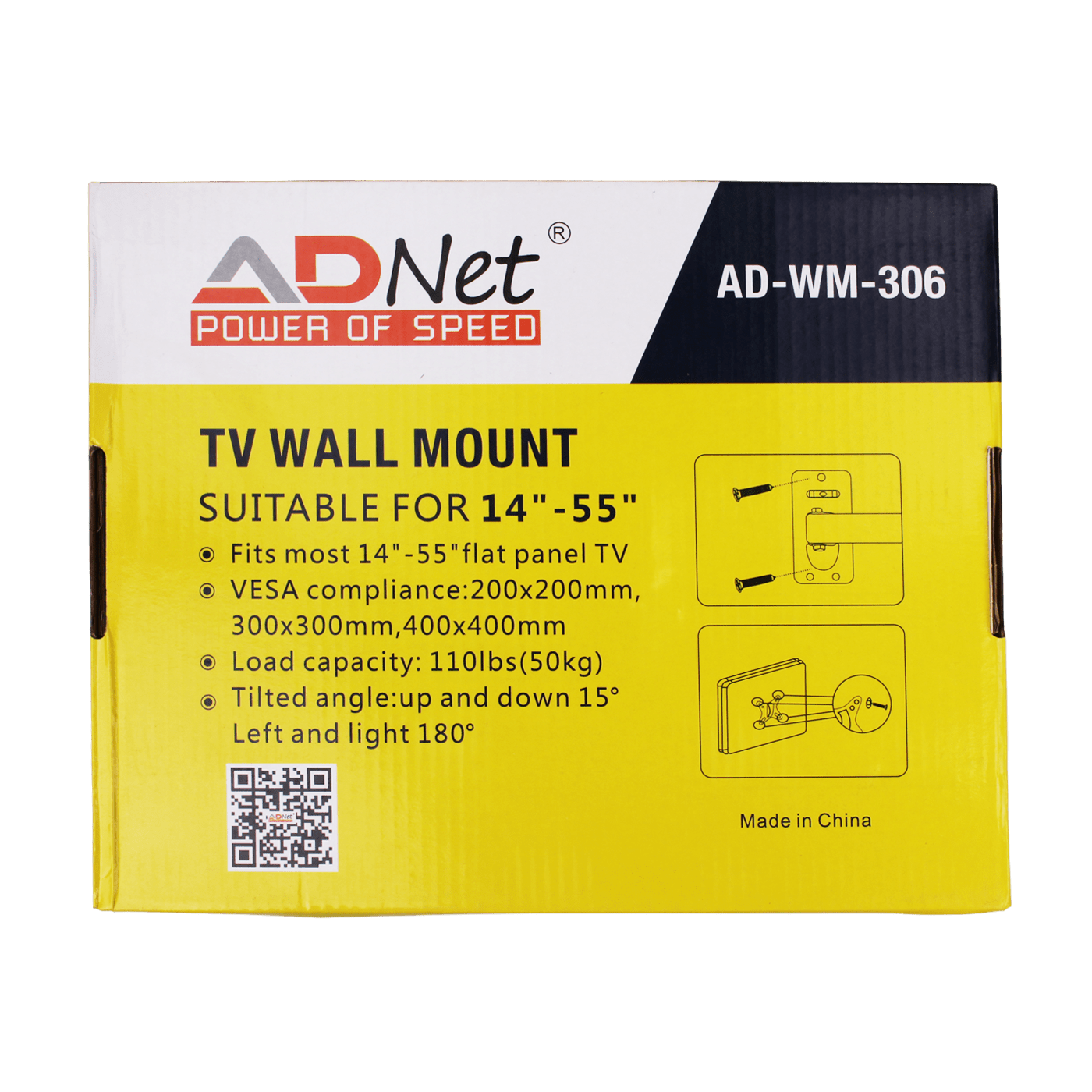 Ad Net AD-WM-306 Full Motion TV Wall Mount 14 to 55 Inch 180° Swivel Tilt Bracket