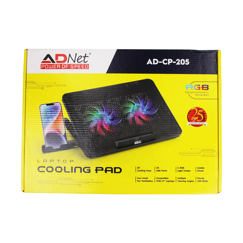 Ad Net AD-CP-205 RGB Laptop Cooling Pad with 2 Fans 4 RGB Modes 2 USB Ports Mobile Stand for 17 Inch Laptops