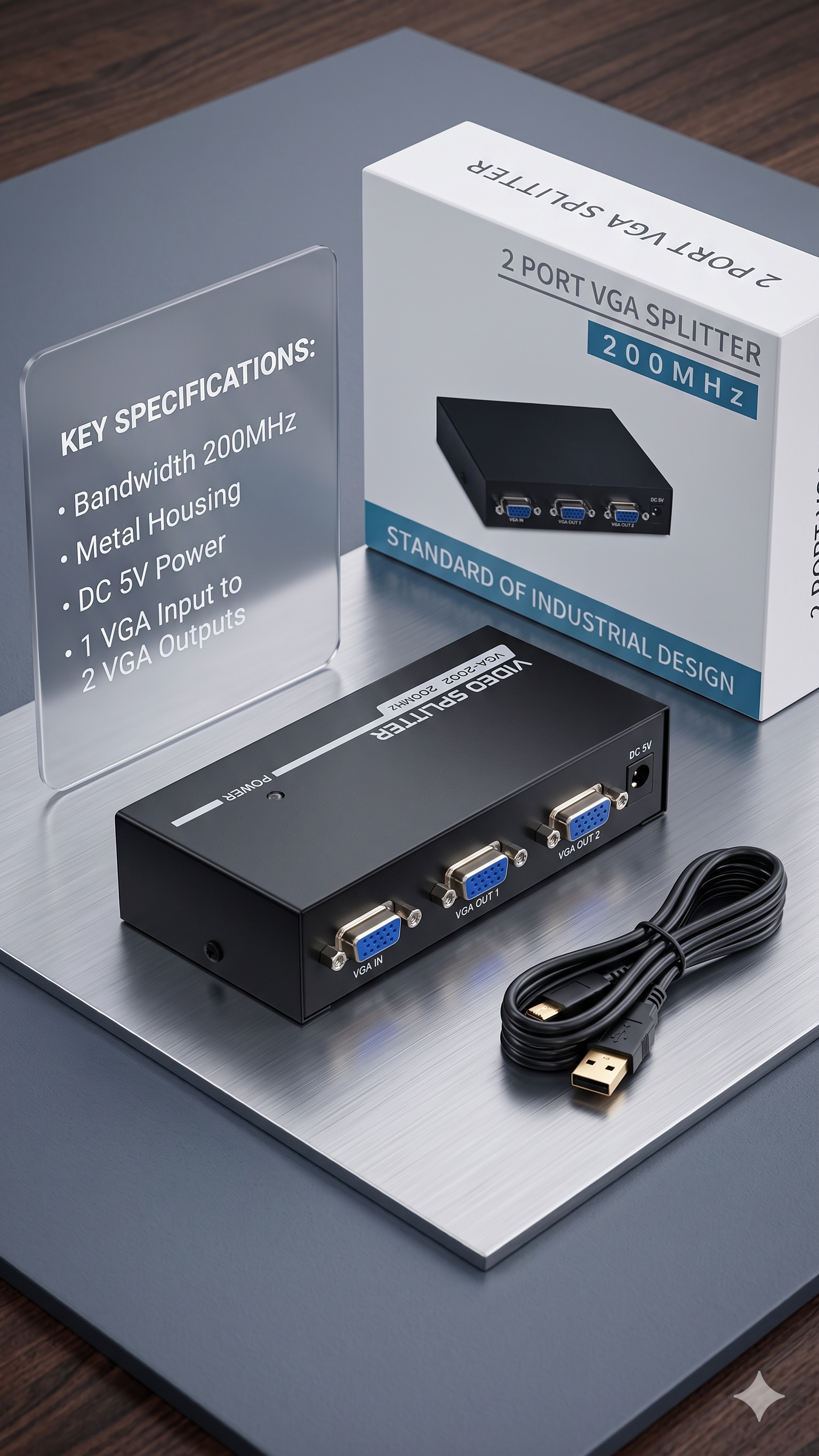 Ad Net 2 Port VGA Splitter 200MHz 1 In 2 Out Video Splitter
