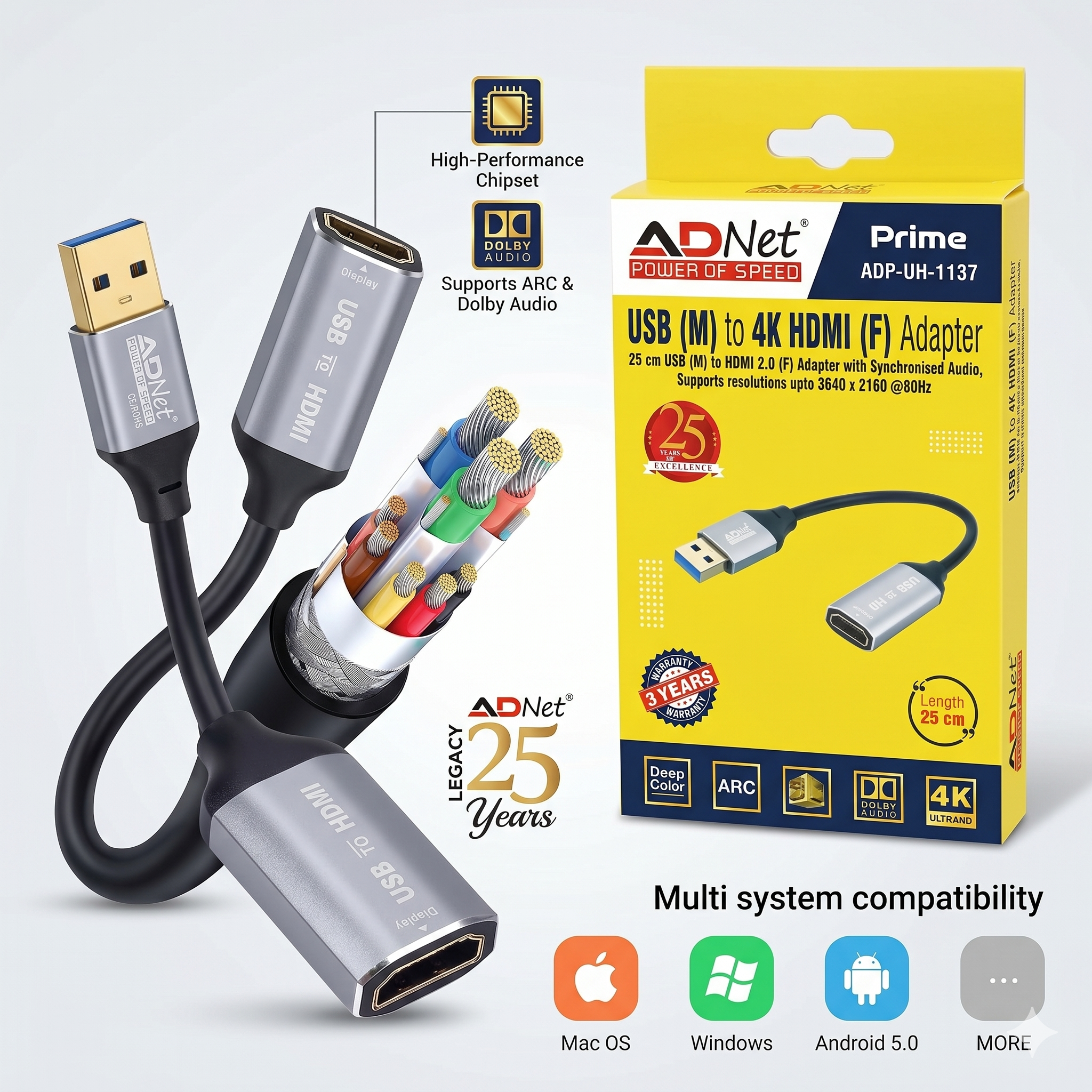 ADNet Prime ADP-UH-1137 USB Male to 4K HDMI Female Adapter (25cm) - Supports Resolutions up to 3840 x 2160 @ 60Hz, Synchronised Audio, 3 Years Warranty (Black)