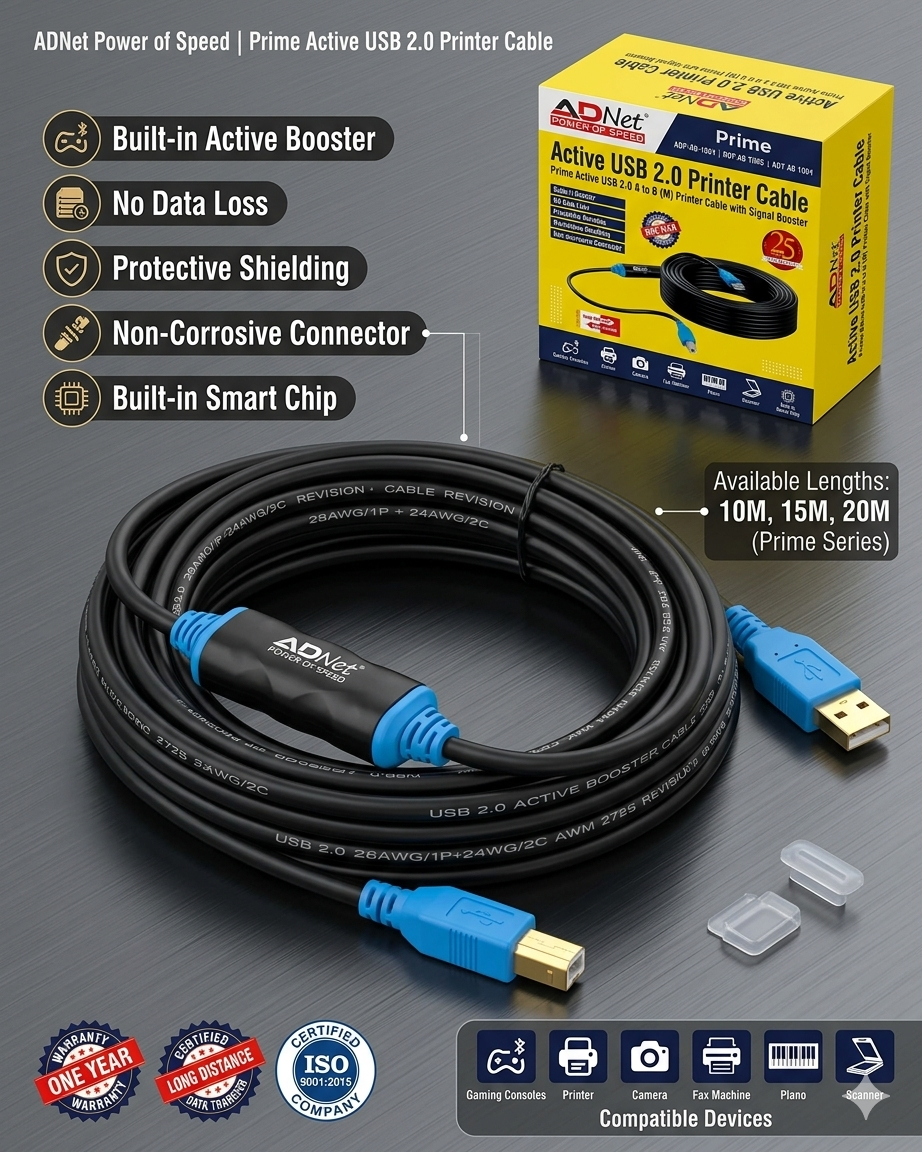 ADNet Prime Active USB 2.0 Printer Cable (A-Male to B-Male) with Signal Booster | Built-in Smart Chip, High-Speed Shielded Wire | (Available in 10M, 15M, 20M) for Printers, Scanners, Fax, Gaming Consoles & Digital Piano