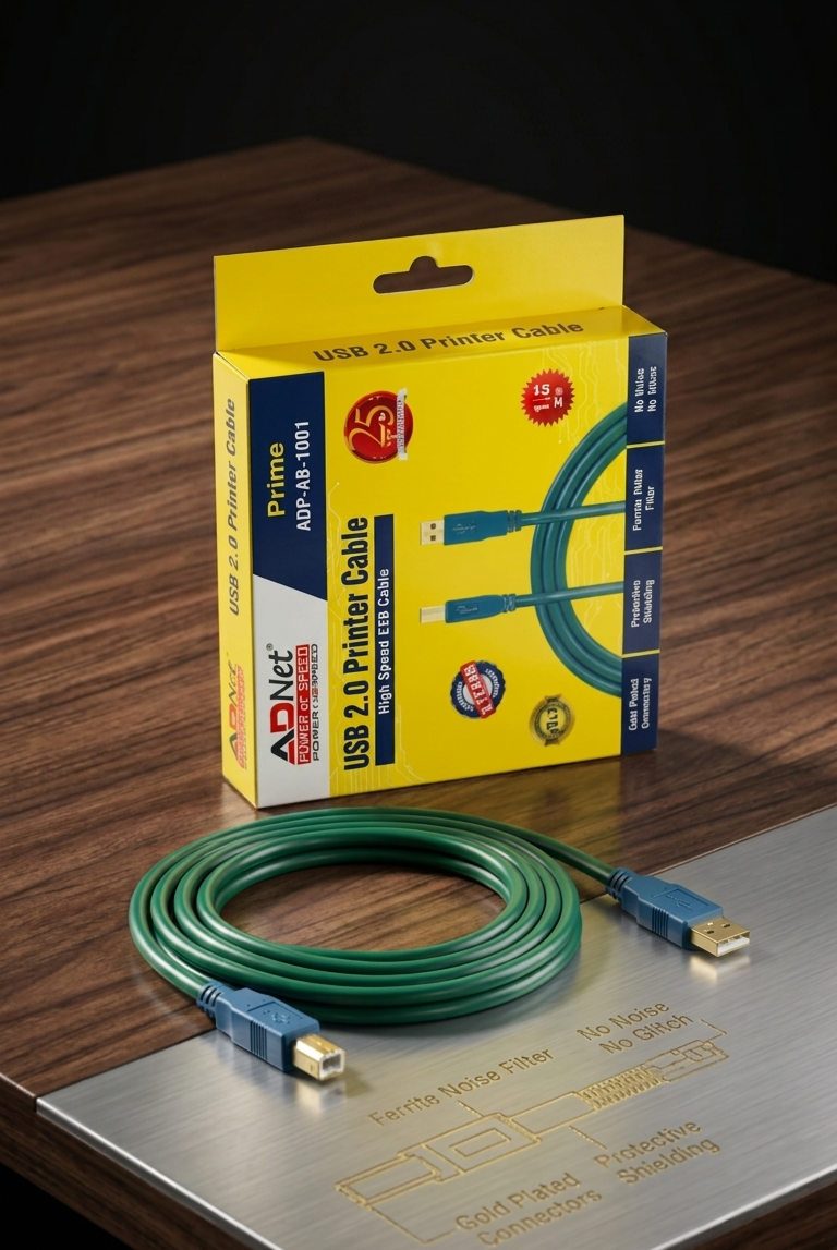 ADNet Prime USB 2.0 High-Speed Printer & Scanner Cable – 1.5 Meter (Protective Shielding, Gold Plated)