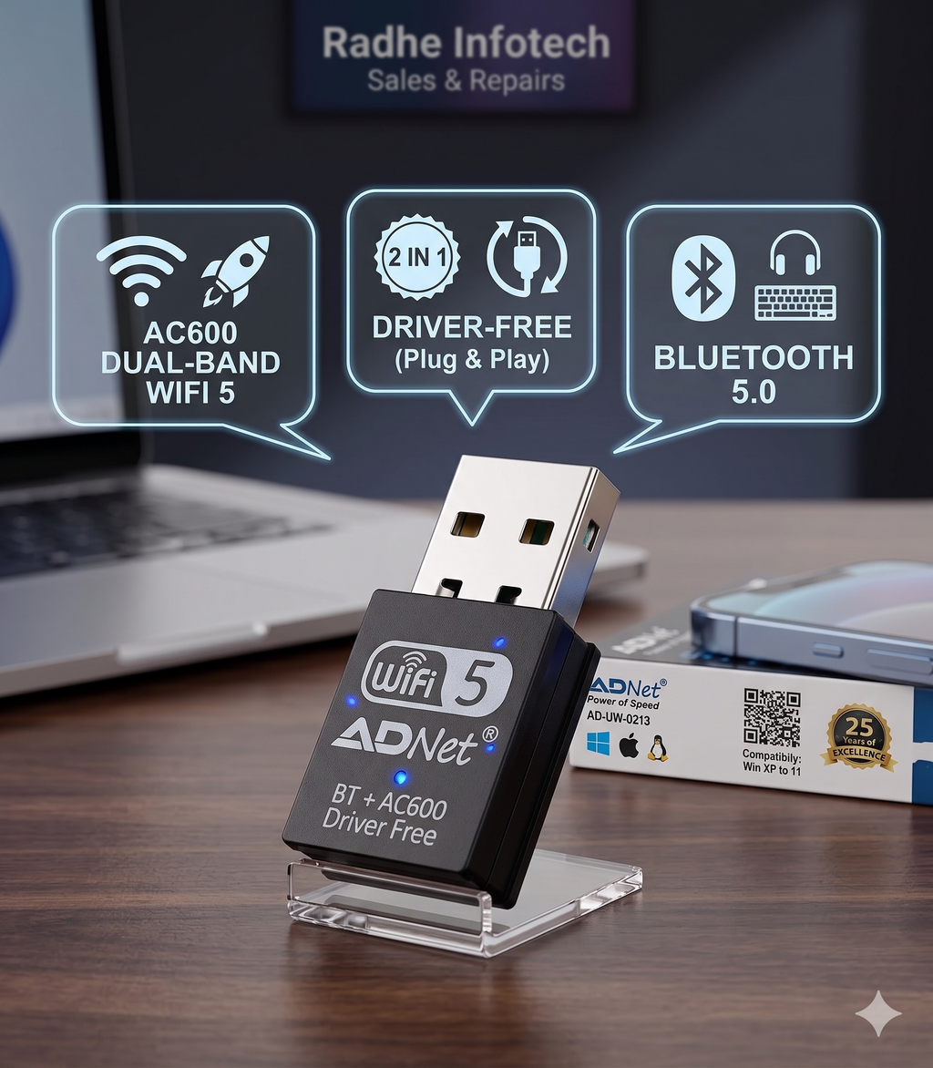 ADNet AD-UW-0213 USB WiFi + Bluetooth 5.0 Nano Adapter (Driver-Free). Connect Karein Lag-Free Dual Band WiFi aur apne Favourite BT Headphones.