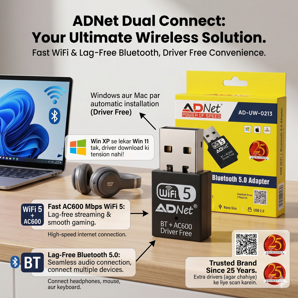 ADNet AD-UW-0213 USB WiFi + Bluetooth 5.0 Nano Adapter (Driver-Free). Connect Karein Lag-Free Dual Band WiFi aur apne Favourite BT Headphones.
