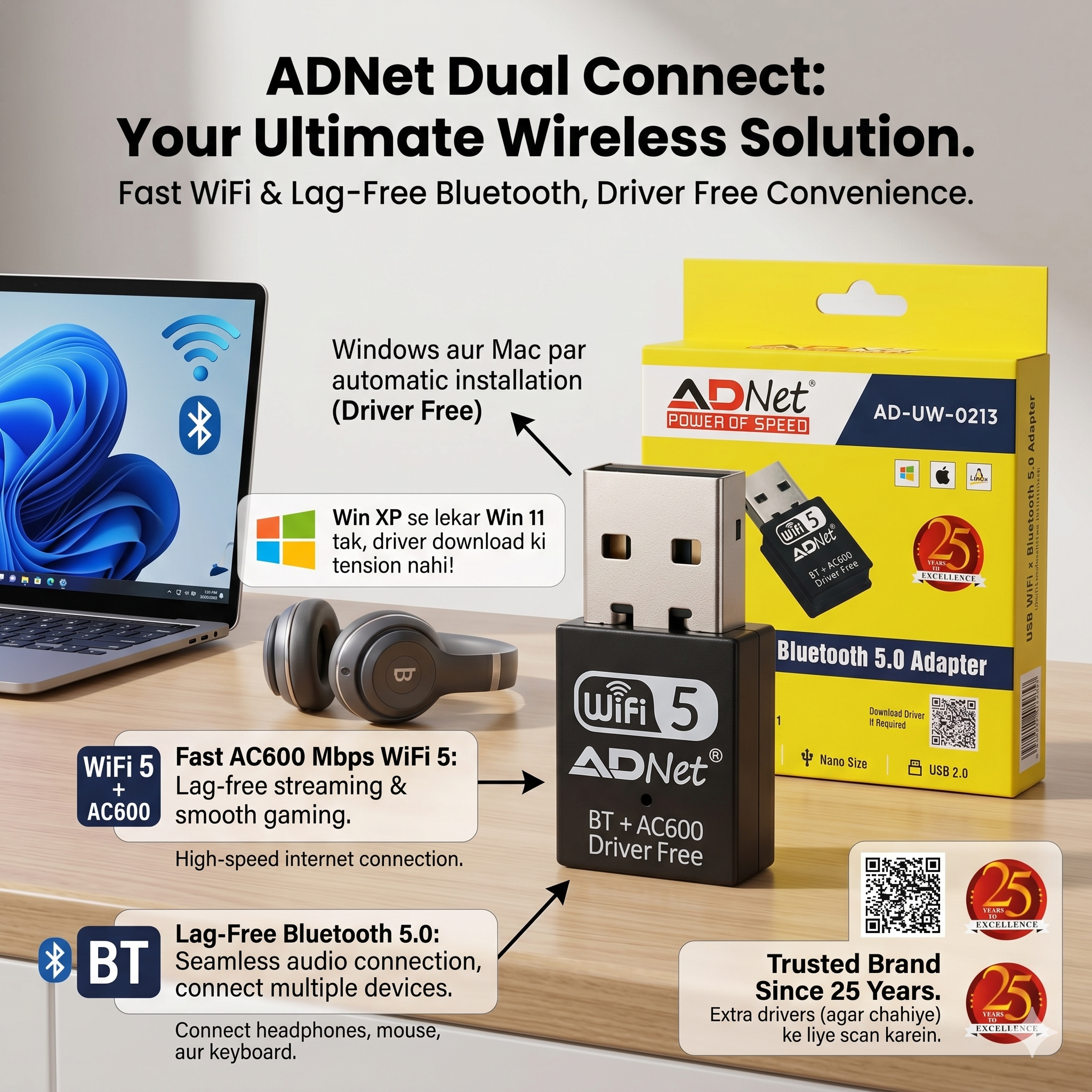 ADNet AD-UW-0213 USB WiFi + Bluetooth 5.0 Nano Adapter (Driver-Free). Connect Karein Lag-Free Dual Band WiFi aur apne Favourite BT Headphones.