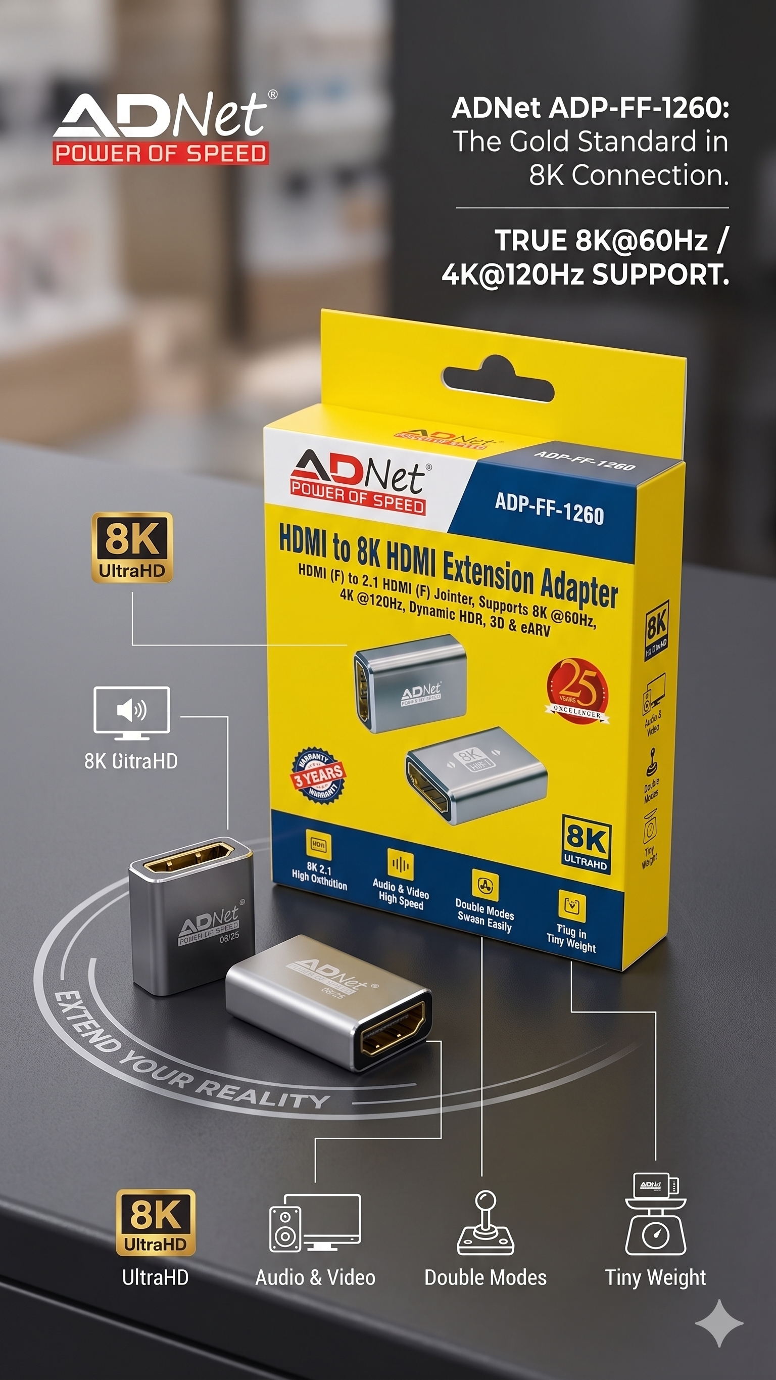 ADNet ADP-FF-1260 8K HDMI Female to Female Coupler | 8K UltraHD Extension Adapter (8K@60Hz / 4K@120Hz) | Supports Dynamic HDR, 3D, eARC - HDMI 2.1 Jointer
