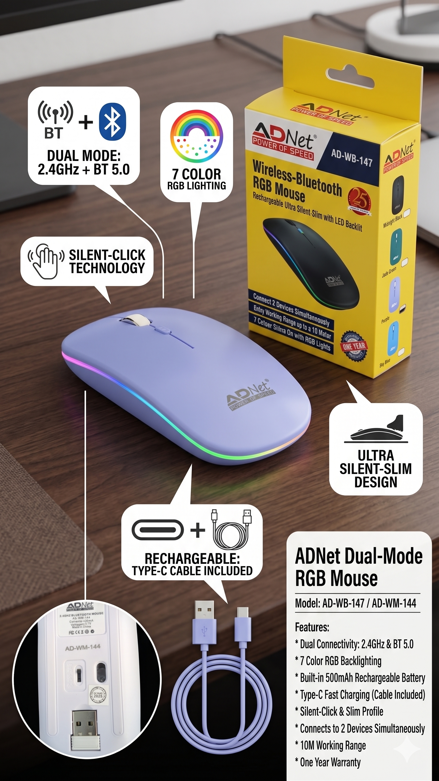 ADNet AD-WB-147 Wireless-Bluetooth Dual-Mode RGB Mouse: Rechargeable, Silent Clicks, Lightweight 63g | Bluetooth 5.1 + 2.4GHz | For Windows, Android TV, Linux, DVR | Black