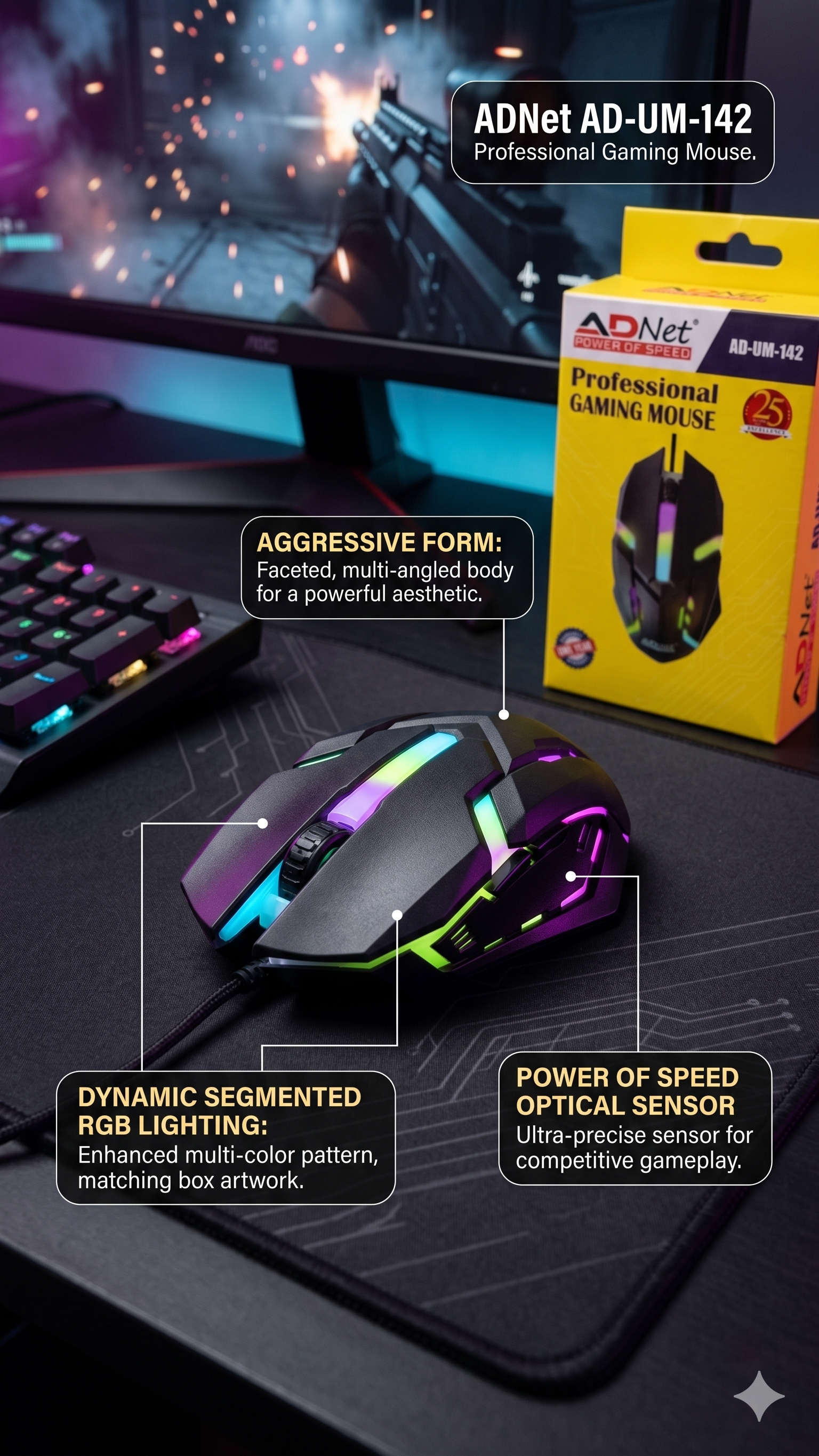 ADNet AD-UM-142 Professional Wired Gaming Mouse - RGB LED Backlit & Ergonomic Grip