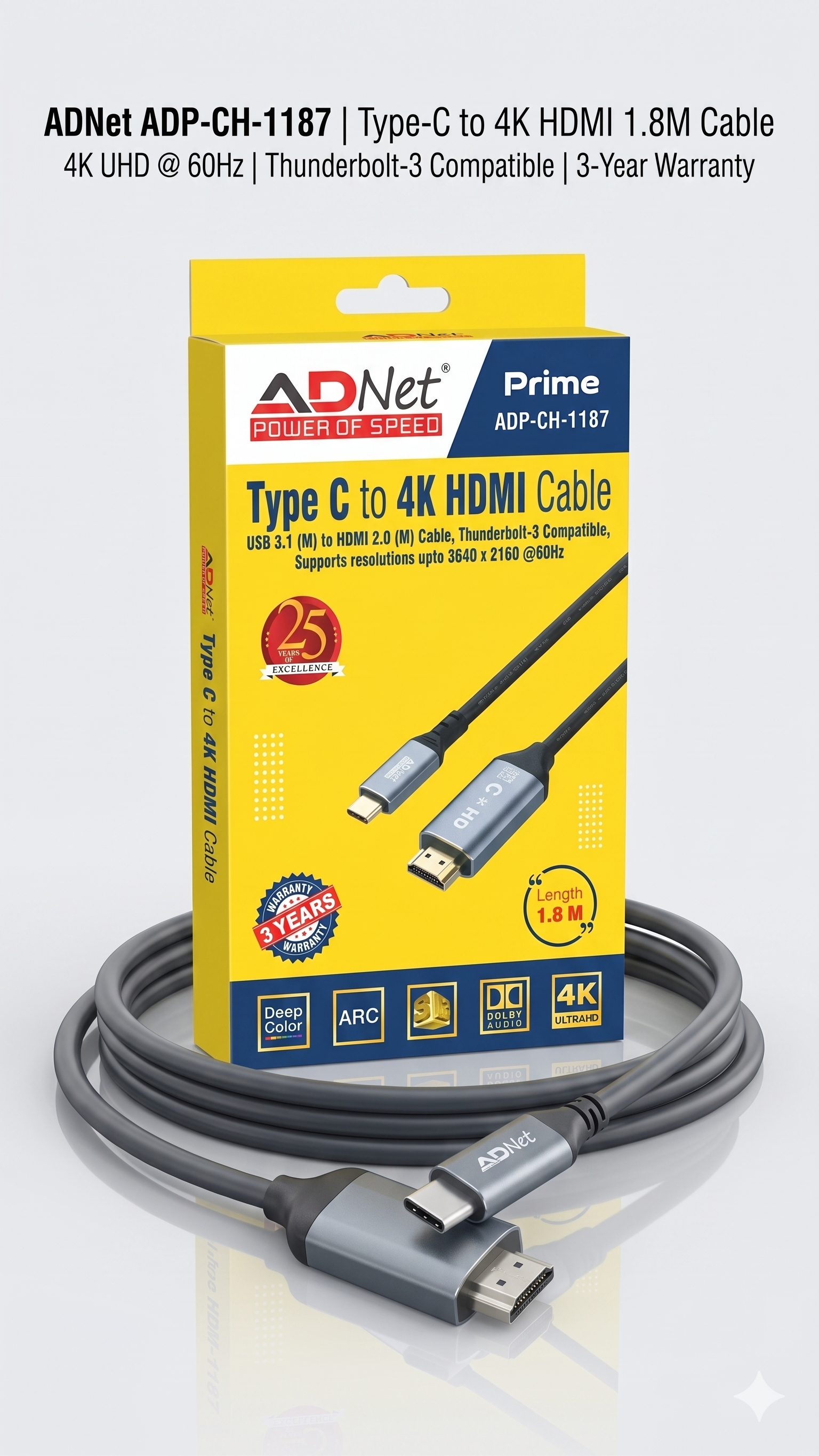 ADNet ADP-CH-1187 Prime Type C to 4K HDMI Cable (1.8m) | 4K@60Hz UltraHD | Thunderbolt-3 Compatible | Deep Color & ARC Support | 3-Year Warranty