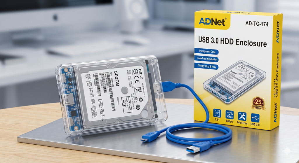 ADNet AD-TC-174 USB 3.0 External HDD SSD Enclosure Case | 2.5 Inch SATA Hard Drive Box | Ultra Fast 5Gbps Speed | Tool-Free Plug & Play | Durable Matte Black Casing