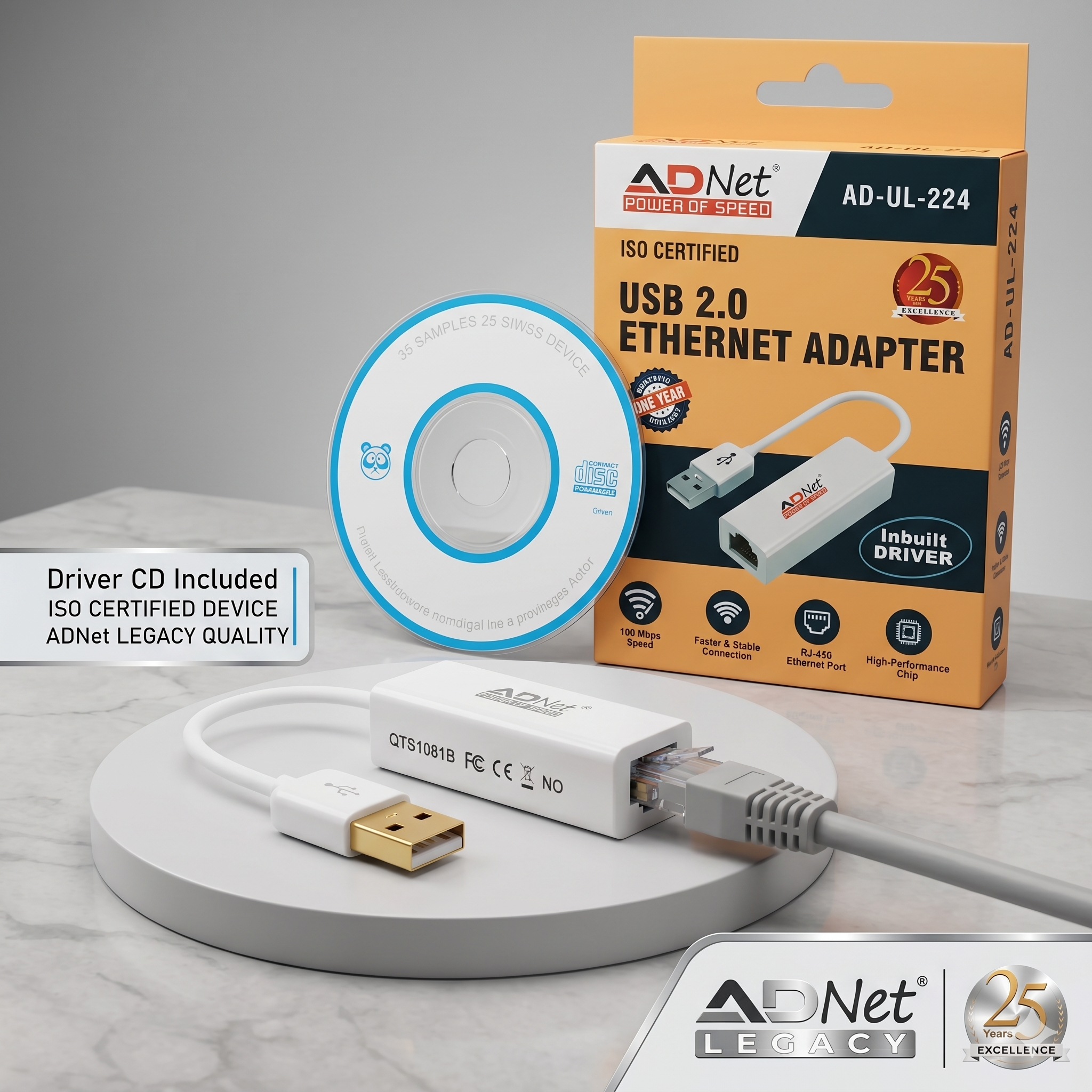 ADNet AD-UL-224 USB 2.0 to RJ45 Fast Ethernet Adapter (100 Mbps) with Inbuilt Driver for Driverless Setup