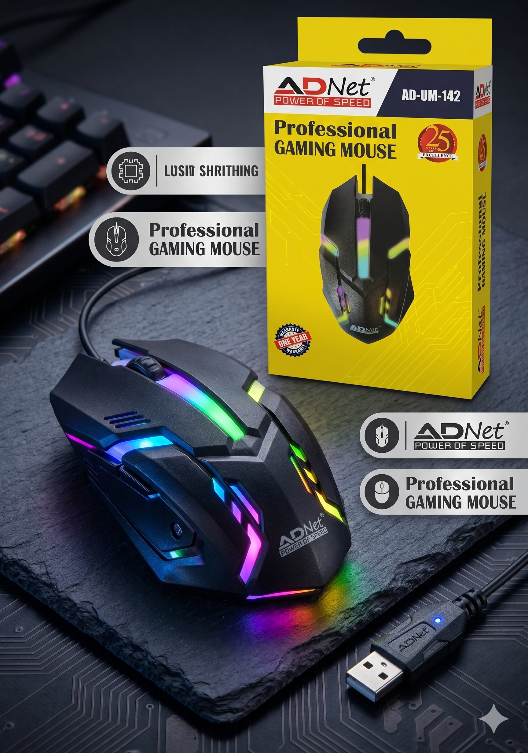 ADNet AD-UM-142 Ergonomic Wired Gaming Mouse – High-Precision 10000 DPI Sensor, 3 Buttons, Smooth Scrolling, RGB Breathing Lights, Black (Right-Handed, USB 2.0, Compatible with All OS)