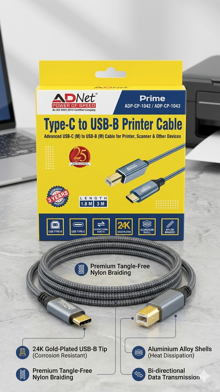 ADNet Prime Advanced Type-C (Male) to USB-B (Male) Printer aur Scanner Cable (1.8M/3M) - 24K Gold Plated, Nylon Braided, Aluminium Shell, ADP-CP-1042/ADP-CP-1043