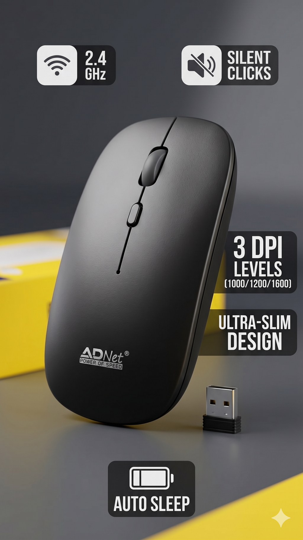 ADNet AD-WM-143 Ultra Slim Silent Wireless Mouse - 2.4GHz USB Optical Tracking, 3 DPI Levels (1000/1200/1600), Silent Clicks, Auto-Sleep, 10M Range | For Laptops, PC, Tablets | 1 Year Warranty
