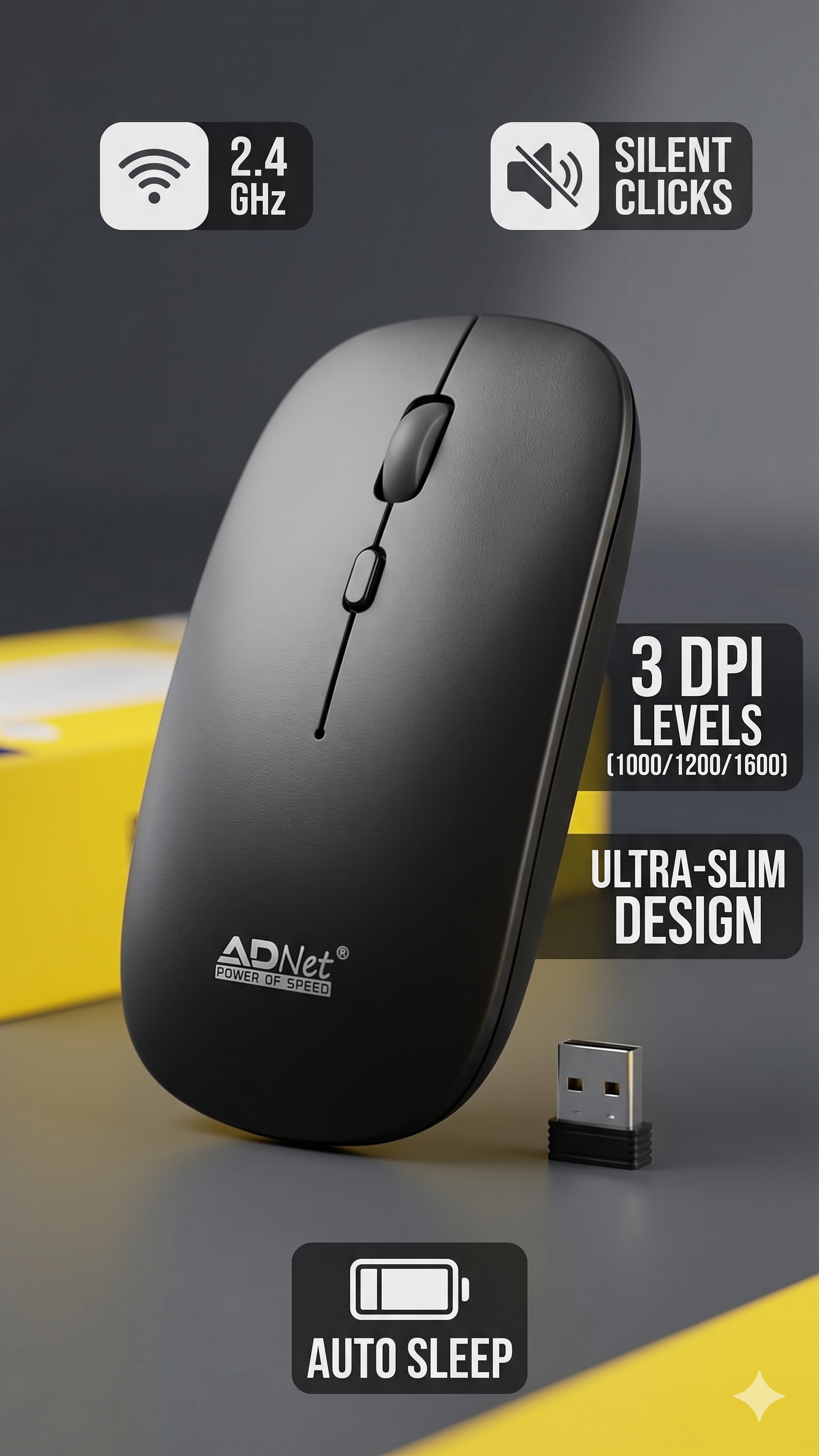 ADNet AD-WM-143 Ultra Slim Silent Wireless Mouse - 2.4GHz USB Optical Tracking, 3 DPI Levels (1000/1200/1600), Silent Clicks, Auto-Sleep, 10M Range | For Laptops, PC, Tablets | 1 Year Warranty