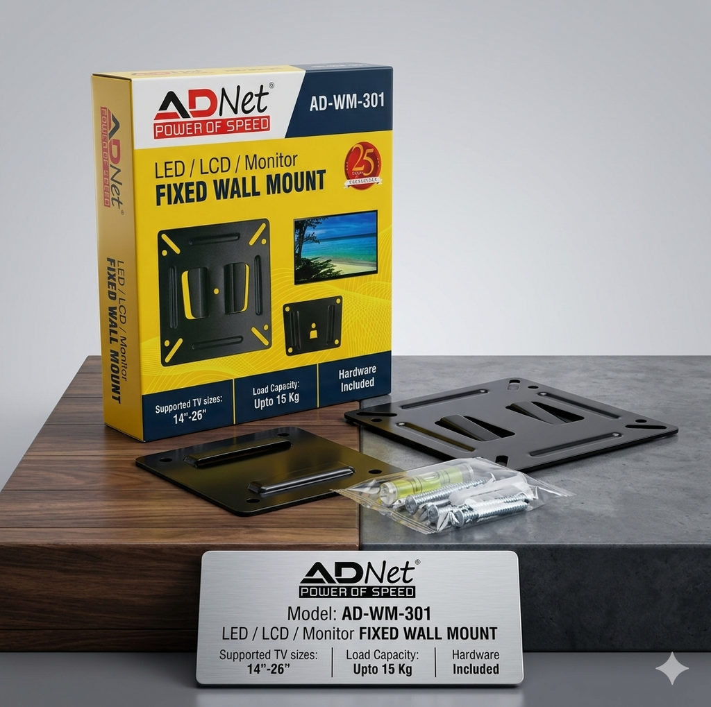 Ad Net AD-WM-301 LED LCD Monitor Fixed Wall Mount 14 to 26 Inch with Hardware Kit