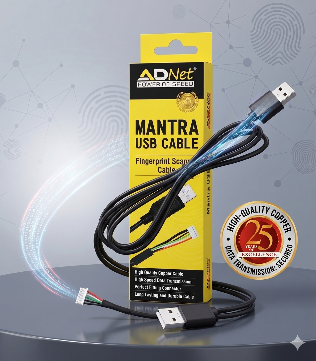 ADNET USB 2.0 Data Cable Wire for Mantra MFS-100 Series Fingerprint Scanner (Black) - High Speed Data Transmission