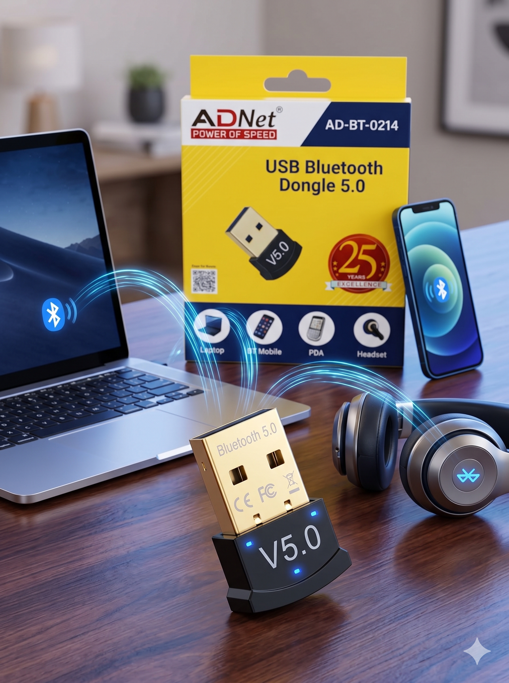 ADNet AD-BT-0214 Mini USB Bluetooth 5.0 Dongle Adapter for PC & Laptop | Fast & Stable Connection, Low Latency, Connect Headphones, Speakers, Keyboard, Mouse