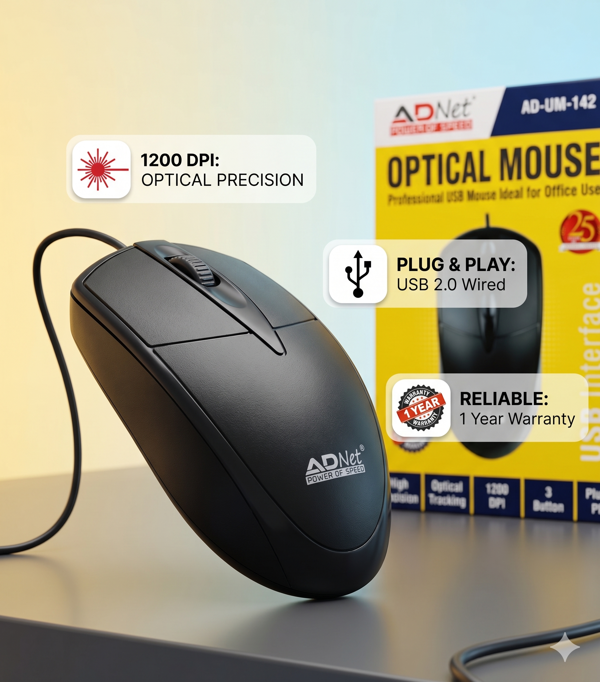 ADNet AD-UM-142 Wired USB Mouse | Ambidextrous Design, USB 2.0 | For PC & Laptop (Black)