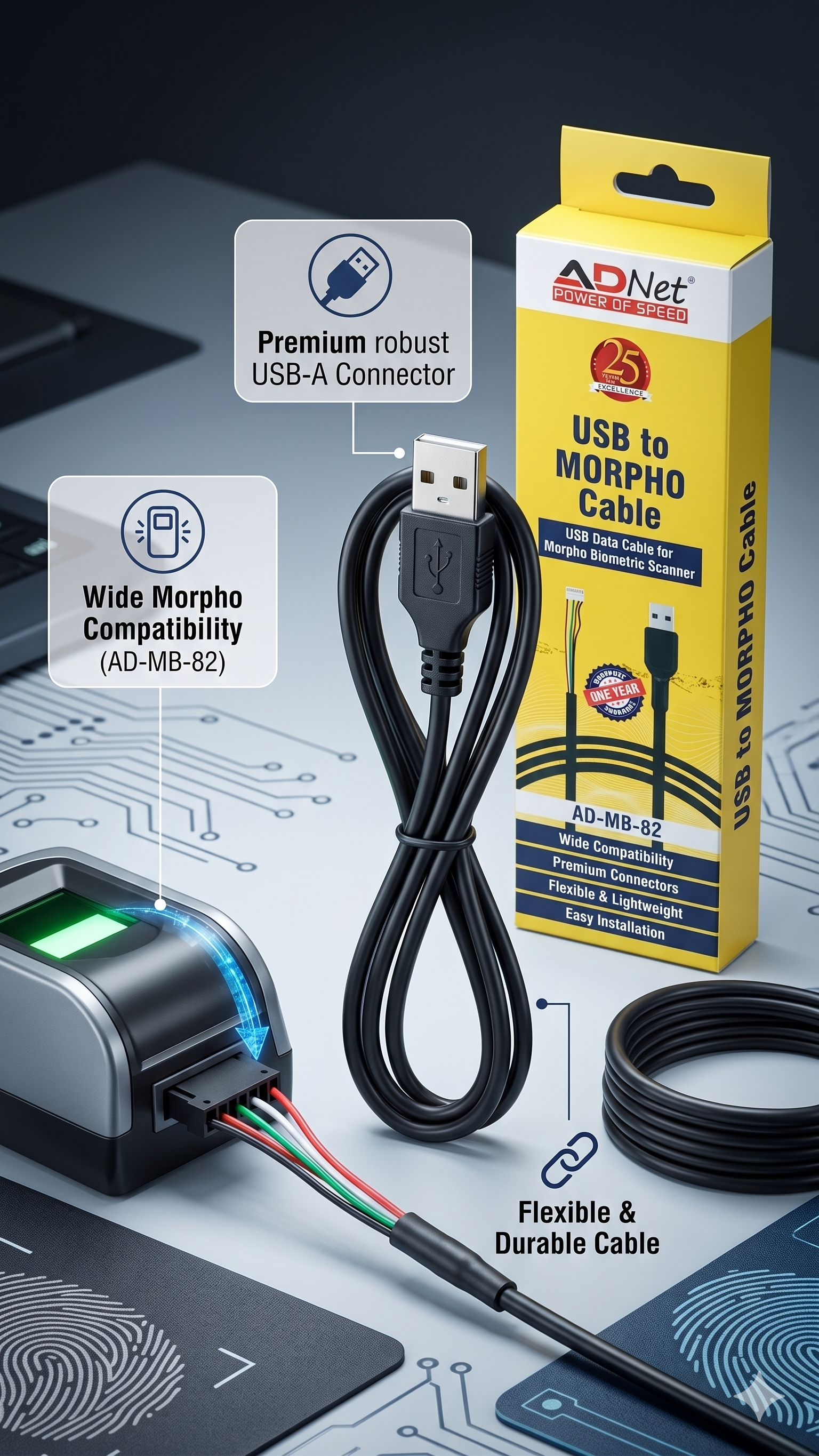 ADNet AD-MB-82 Morpho Cable: Apne Morpho MFS-100 Series Biometric Scanner ko Instant USB Connectivity se Equip Karein!