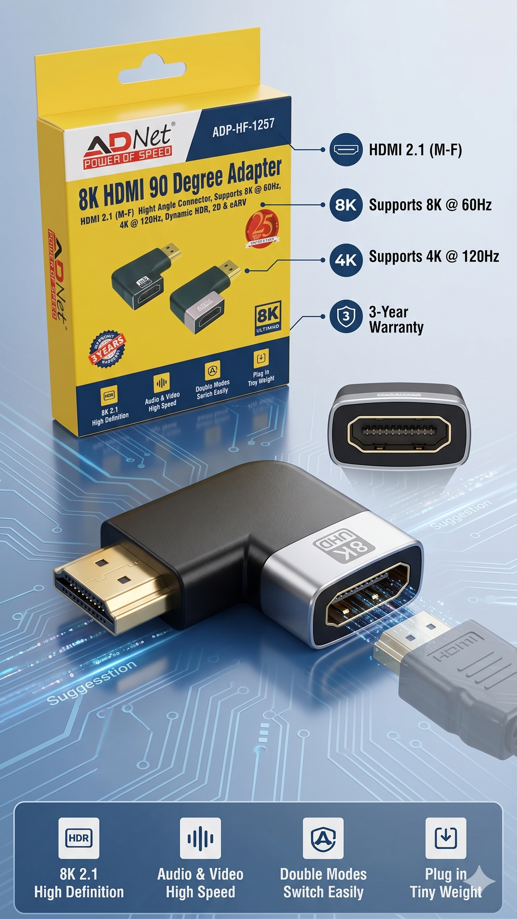 ADNet ADP-HF-1257 8K Ultra HD HDMI 2.1 Right Angle (90 Degree) Adapter (Male to Female) - Supports 8K@60Hz, 4K@120Hz, Dynamic HDR, 3D, eARC, Small & Lightweight, 3 Years Warranty (Black)