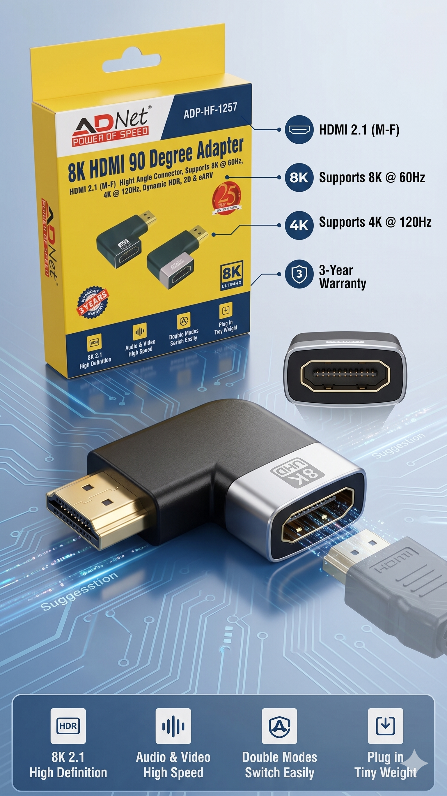 ADNet ADP-HF-1257 8K Ultra HD HDMI 2.1 Right Angle (90 Degree) Adapter (Male to Female) - Supports 8K@60Hz, 4K@120Hz, Dynamic HDR, 3D, eARC, Small & Lightweight, 3 Years Warranty (Black)
