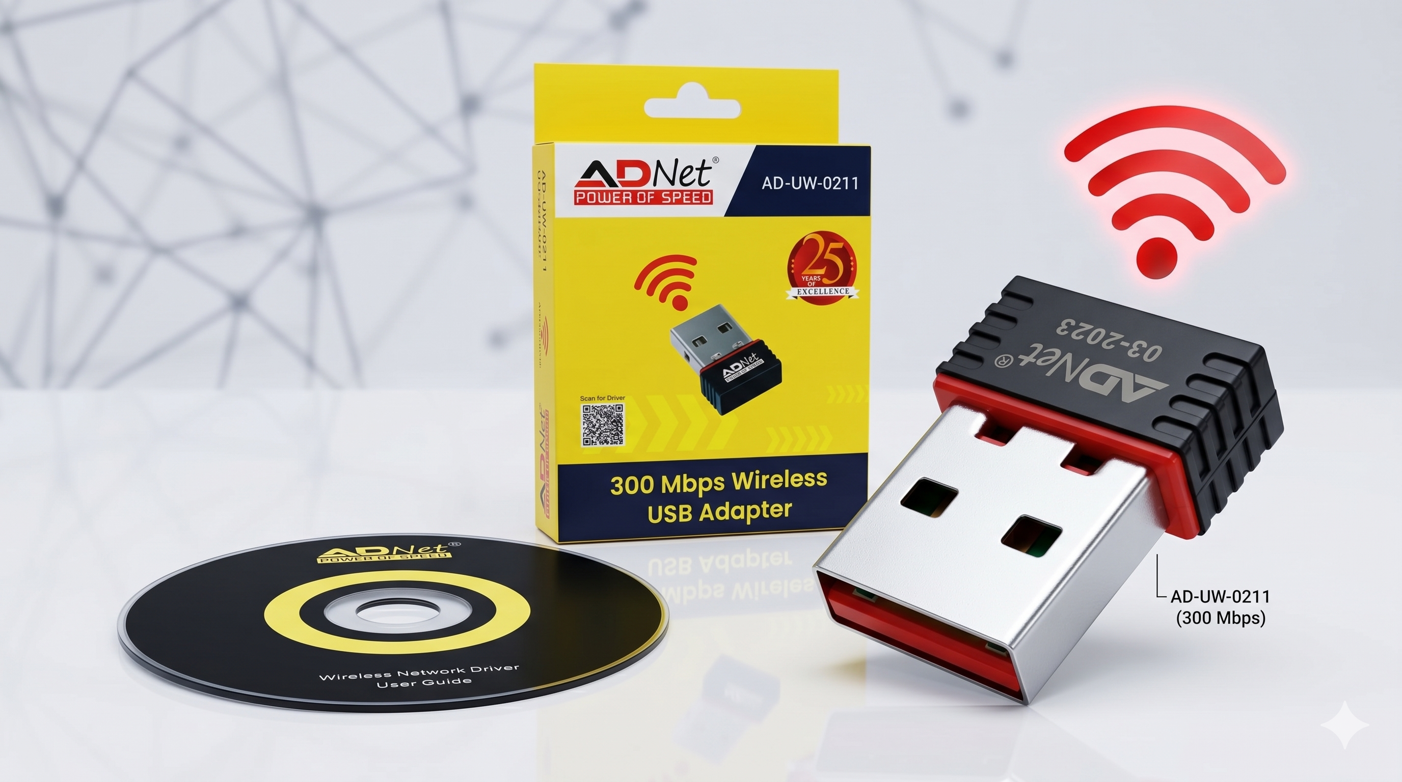 ADNet AD-UW-0211 300Mbps Mini Wireless Network USB WiFi Adapter Dongle | Compact Design | High-Speed Internet for Desktop PC & Laptop | Compatible with Windows
