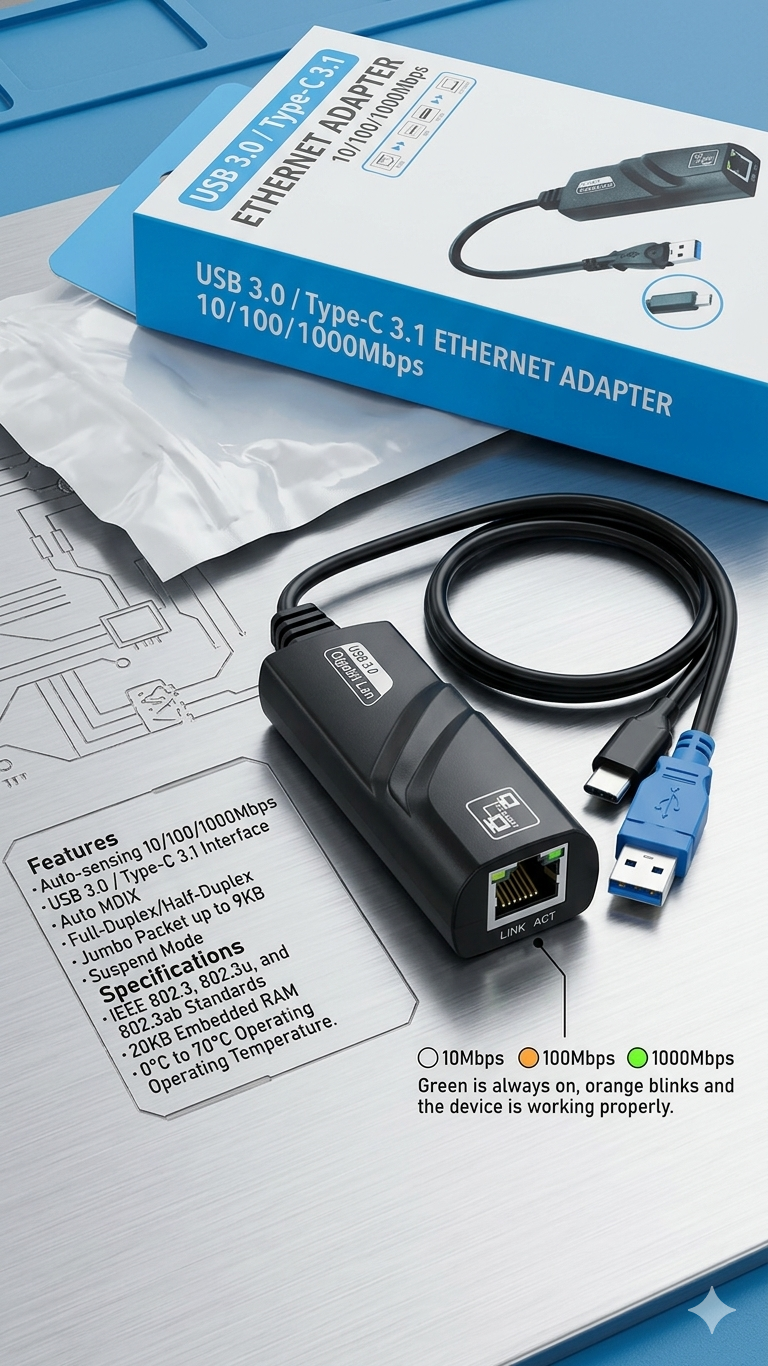 USB 3.0 Type-C 3.1 Gigabit Ethernet Adapter 10/100/1000Mbps RJ45 LAN Network Adapter