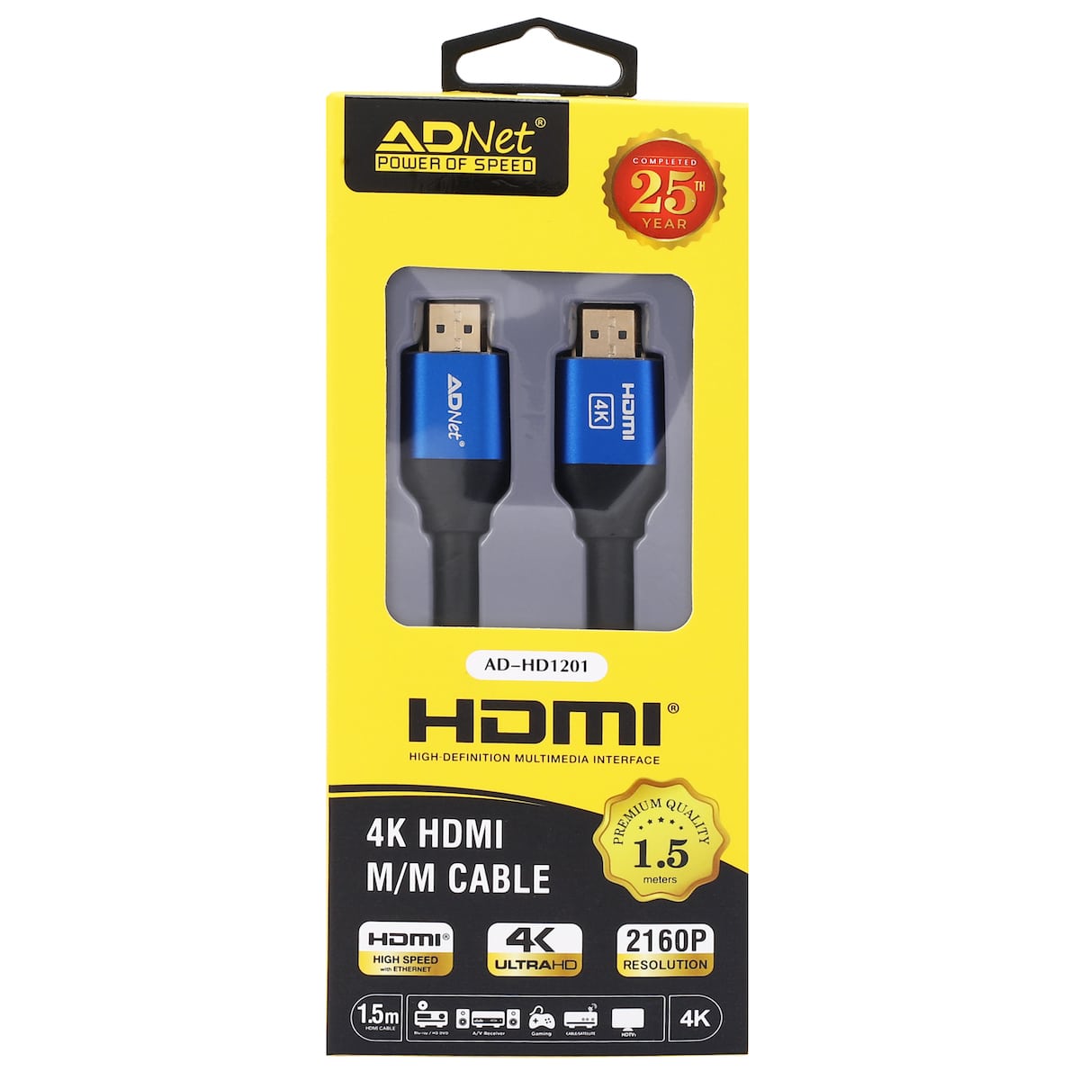 ADNet Premium 4K HDMI Cable 1.5M (Model AD-HD1201) | Ultra HD 2160P, 3D & Ethernet Supported | 24K Gold Plated Blue Metal Connectors for Smart TV, Monitor, PC, Projector & Gaming Consoles