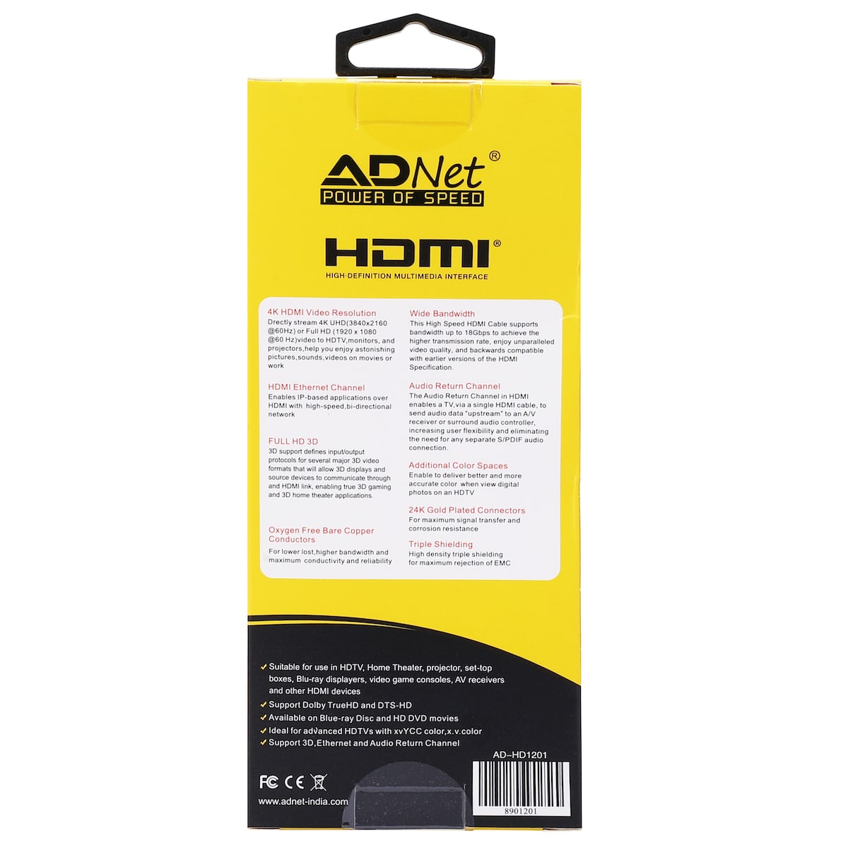 ADNet Premium 4K HDMI Cable 1.5M (Model AD-HD1201) | Ultra HD 2160P, 3D & Ethernet Supported | 24K Gold Plated Blue Metal Connectors for Smart TV, Monitor, PC, Projector & Gaming Consoles