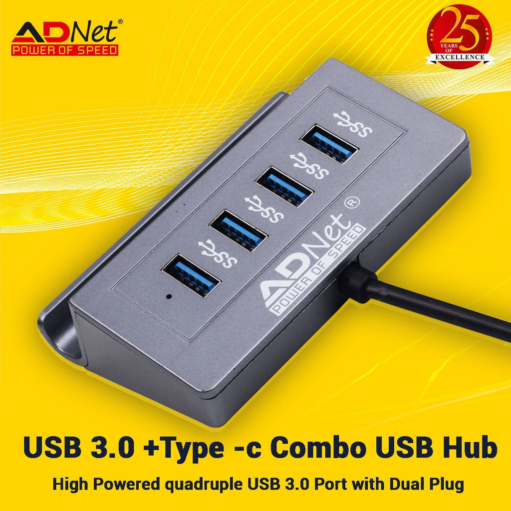 Ad Net AD-UC-623 USB 3.0 + Type-C Combo USB Hub 4 Port with Phone Holder & Dual Plug