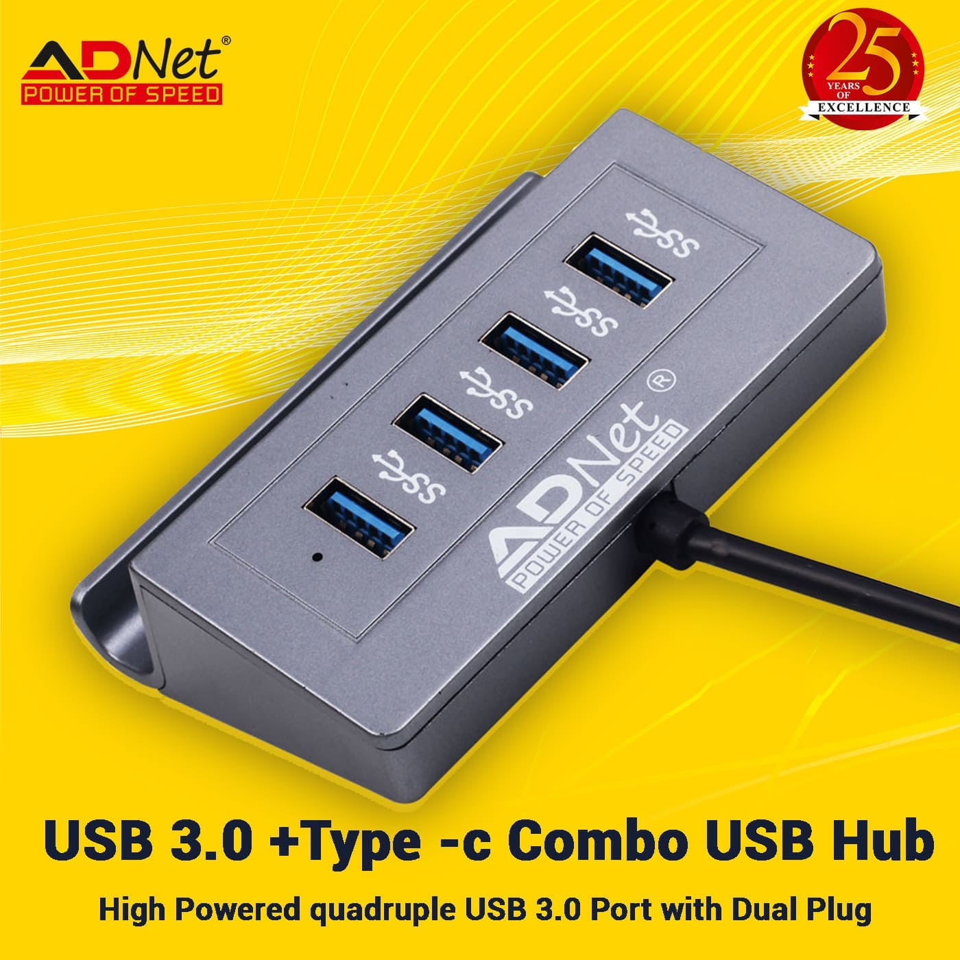 Ad Net AD-UC-623 USB 3.0 + Type-C Combo USB Hub 4 Port with Phone Holder & Dual Plug