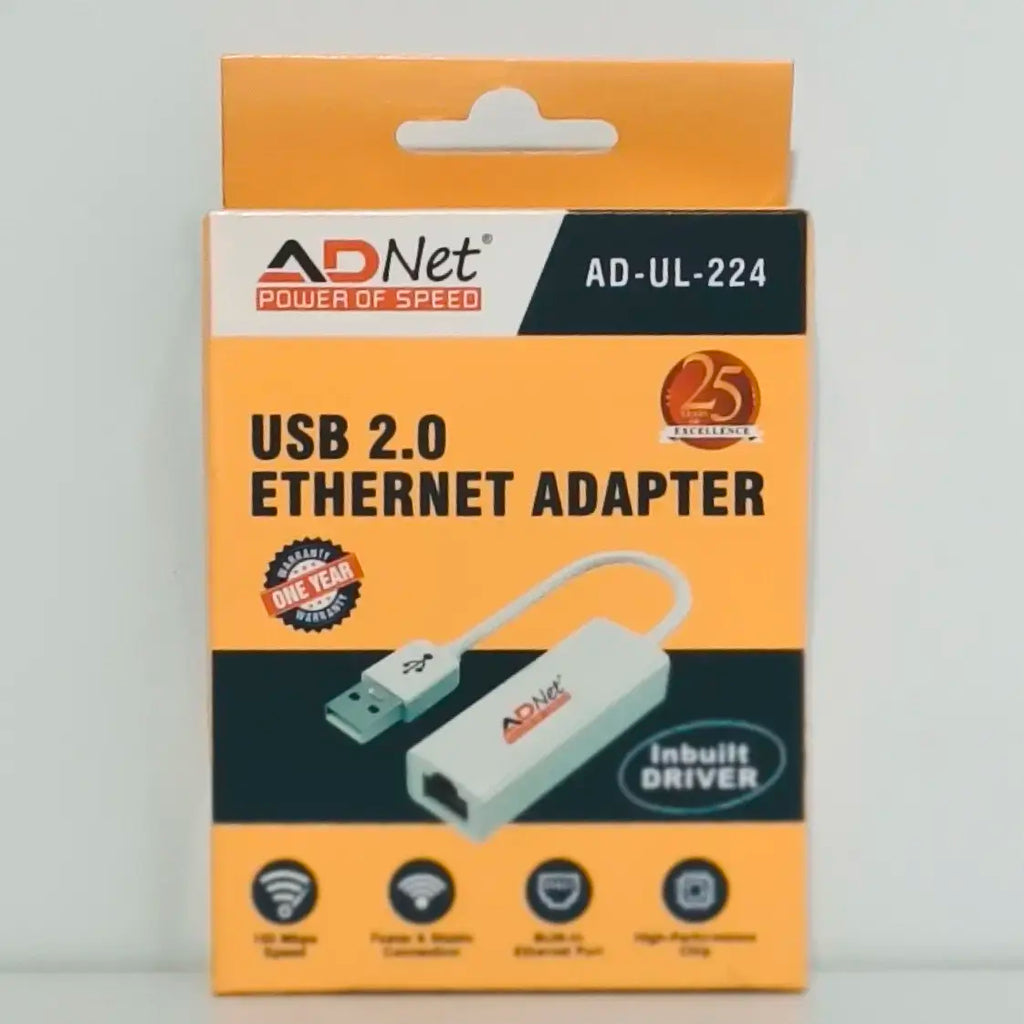 ADNet AD-UL-224 USB 2.0 to RJ45 Fast Ethernet Adapter (100 Mbps) with Inbuilt Driver for Driverless Setup