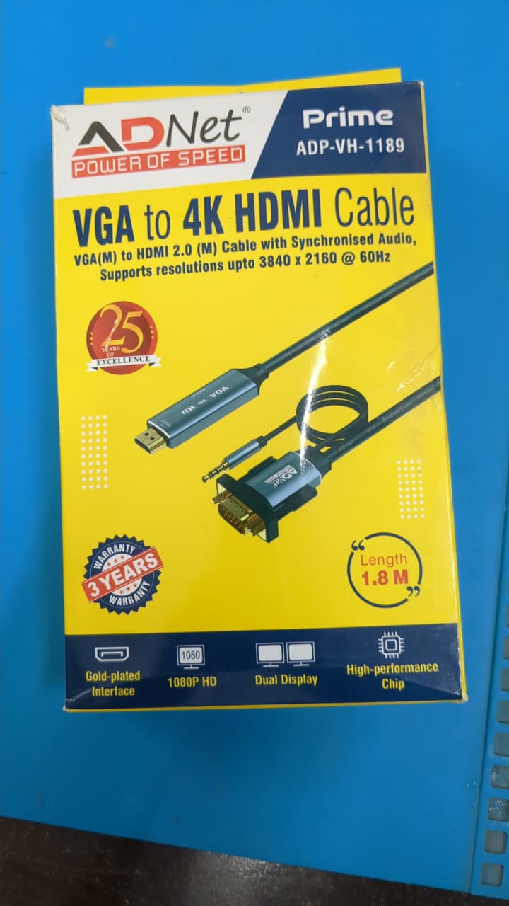 ADNet Prime ADP-VH-1189 VGA to 4K HDMI Cable (1.8M) with Synchronized Audio | Male to Male | Upto 4K @ 60Hz Resolution Support
