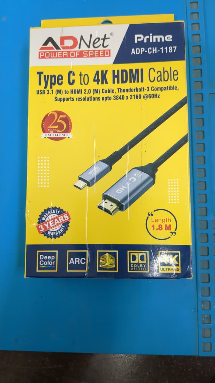 ADNet ADP-CH-1187 Prime Type C to 4K HDMI Cable (1.8m) | 4K@60Hz UltraHD | Thunderbolt-3 Compatible | Deep Color & ARC Support | 3-Year Warranty