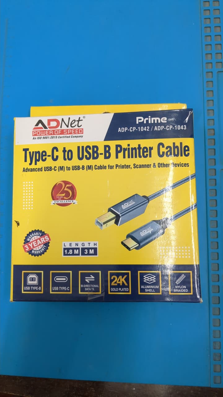 ADNet Prime Advanced Type-C (Male) to USB-B (Male) Printer aur Scanner Cable (1.8M/3M) - 24K Gold Plated, Nylon Braided, Aluminium Shell, ADP-CP-1042/ADP-CP-1043
