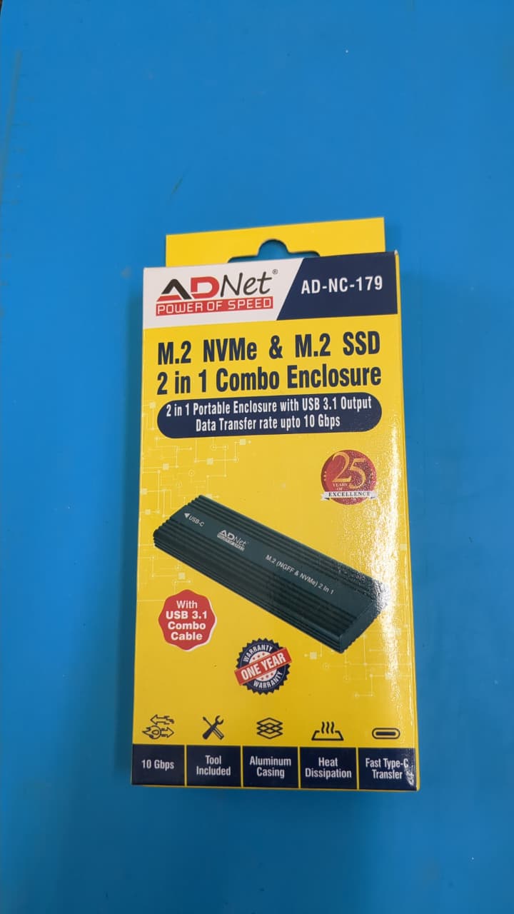 ADNet AD-NC-179 M.2 NVMe & M.2 SATA SSD 2-in-1 Combo Enclosure Case, 10Gbps USB 3.1 Type-C Output, Premium Aluminum Casing, Heat Dissipation, Tool & Combo Cable Included - 1 Year Warranty