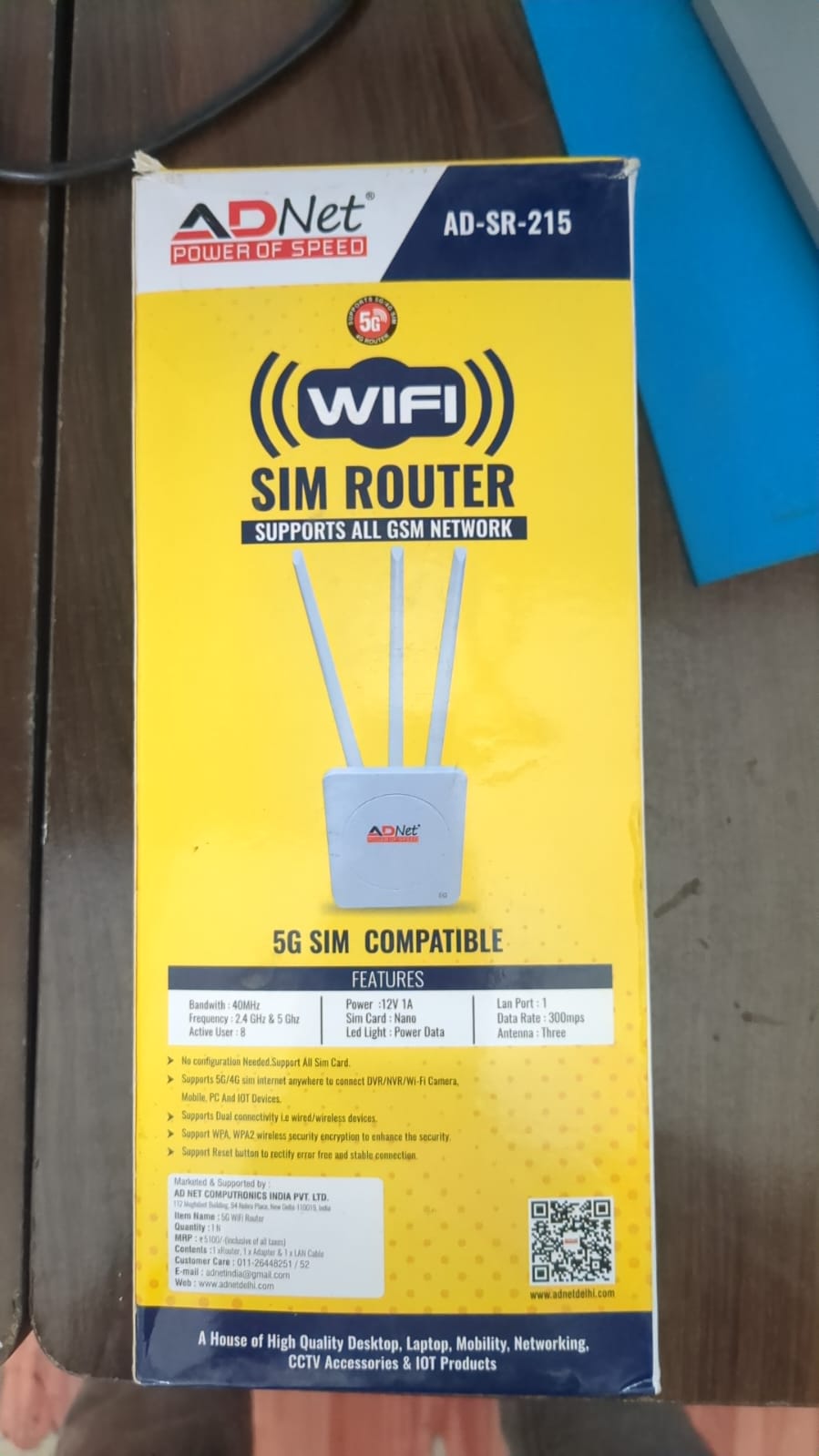ADNet AD-SR-215 5G SIM Supported WiFi Router | 300Mbps High Speed | 3 Antennas | 2.4GHz & 5GHz | Supports All GSM Networks (Nano SIM) | Plug & Play for CCTV, DVR, PC & Home