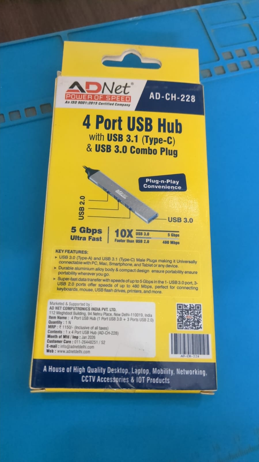 Ad Net AD-CH-228 4 Port USB Hub with USB 3.1 Type-C & USB 3.0 Combo Plug Alloy Body