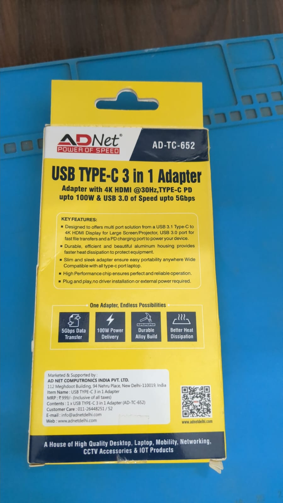 Ad Net AD-TC-652 USB Type-C 3 in 1 Adapter 4K HDMI USB 3.0 5Gbps Type-C PD 100W Charging