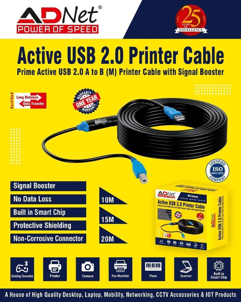 ADNet Prime Active USB 2.0 Printer Cable (A-Male to B-Male) with Signal Booster | Built-in Smart Chip, High-Speed Shielded Wire | (Available in 10M, 15M, 20M) for Printers, Scanners, Fax, Gaming Consoles & Digital Piano